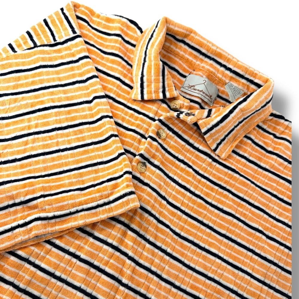 Vintage Laundromat Terry Cloth Polo Shirt XL Orange Striped 90s Retro‎ Cabana